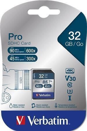 Paměťová karta "PRO", SDHC, 32GB, CL10/U3, 90/45MB/sec, VERBATIM