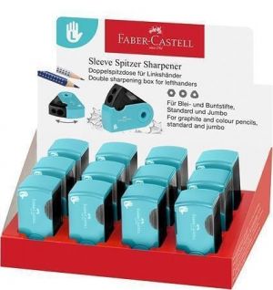 Ořezávátko "Sleeve", displej/12 ks, tyrkysová, 2 otvory, se zásobníkem, pro leváky, FABER-