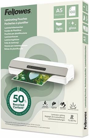 Laminovací fólie "Light", 80 mikronů, A5, lesklá, recyklovaný, 100 ks, FELLOWES 100143440