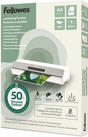 Laminovací fólie "Light", 80 mikronů, A6, lesklá, recyklovaný, 100 ks, FELLOWES 100143441