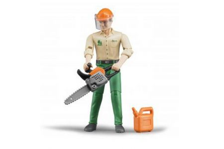 BRUDER 60030 Bworld - Figurka lesní dělník 11cm + motorová pila + kanystr + přilba