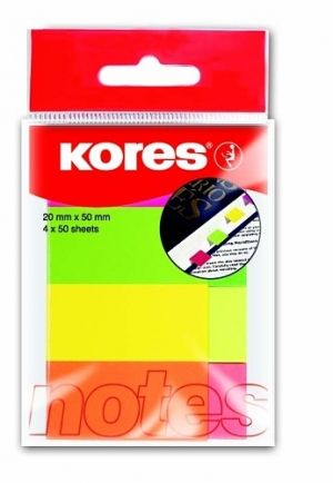 KORES Papírové neonové záložky 20x50 mm / 4 barvy / 50 lístků á barva