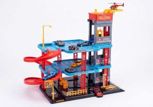 Garáž patrová s kovovými auty 7 cm a helikoptérou 10 cm