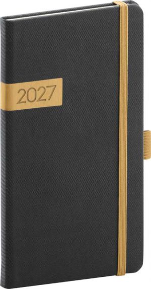 Diář týdenní kapesní Twill 2027, černo-zlatý, 9cm x 15,5cm, PGD-KAPTW-7001