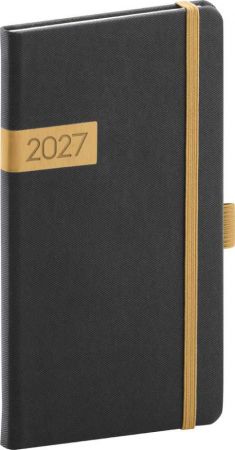 Diář týdenní kapesní Twill 2027, černo-zlatý, 9cm x 15,5cm, PGD-KAPTW-7001