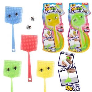 Plácačka na mouchy 18cm natahovací lepkavá + mouchy 2ks 4 barvy na kartě 12x26,5x1cm