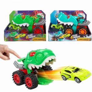 Auto dinosarus 18cm na volný chod vystřelující autíčko 2 barvy v krabici 22x16x13cm