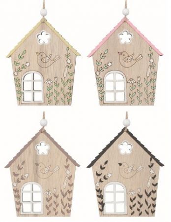 Domek s ptákem dřevěný 10 x 11,5 x 0,5 cm na zavěšení