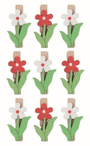 Kytka dřevěná 3,5 x 2,5 x 0,3 cm na kolíčku, 9 ks v sáčku