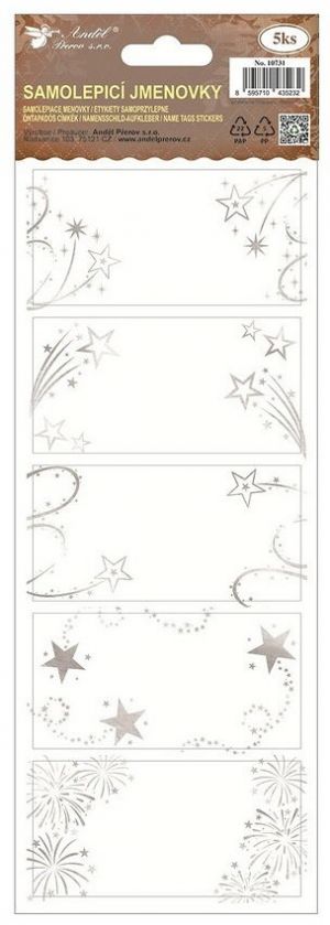 Samolepicí jmenovky na dárky 10 x 29,5 cm se stříbrnou ražbou, 5 ks