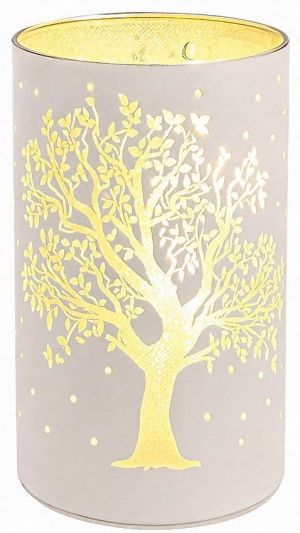 Svítící skleněný válec s motivem stromu – šedý, o 7,5 x 12,8 cm, teplá bílá, 10 LED, časov