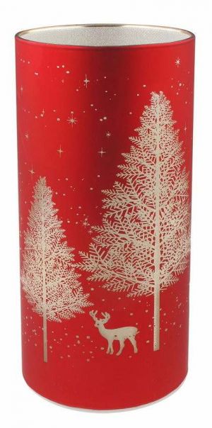 Svítící skleněný válec s motivem lesa – červený, o 9 x 18 cm, teplá bílá, 10 LED, časovač