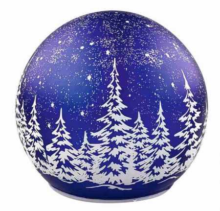 Svítící skleněná koule s motivem krajiny – tmavě modrá, o 12 x 11 cm, teplá bílá, 5 LED, č