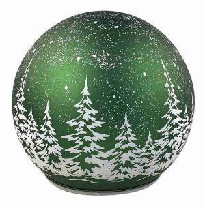 Svítící skleněná koule s motivem krajiny – zelená, o 12 x 11 cm, teplá bílá, 10 LED, časov