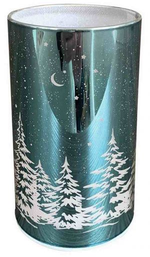 Svítící skleněný válec s motivem krajiny – modrý lesk, o 7,5 x 12,8 cm, teplá bílá, 10 LED