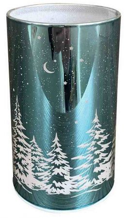 Svítící skleněný válec s motivem krajiny – modrý lesk, o 7,5 x 12,8 cm, teplá bílá, 10 LED