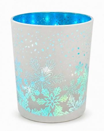 Svítící skleněný válec s motivem vloček – bílý s modrým, o 9 x 12 cm, teplá bílá, 10 LED,
