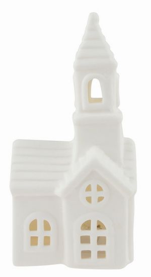 Svíticí porcelánový kostel 6,5 x 13 x 5,5 cm, teplá bílá, 1 LED, časovač