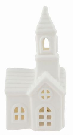 Svíticí porcelánový kostel 6,5 x 13 x 5,5 cm, teplá bílá, 1 LED, časovač