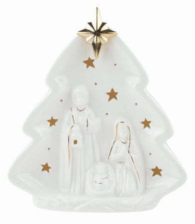 Svíticí porcelánový Betlém s hvězdou 16 x 17 x 8 cm, teplá bílá, 1 LED, časovač