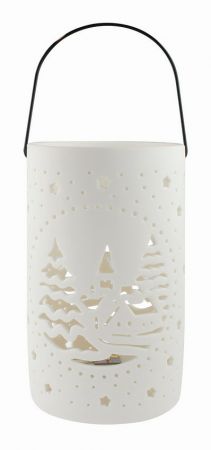 Svíticí porcelánový Válec s motivem vesnice, o 11 x 18 cm, teplá bílá, 1 LED, časovač