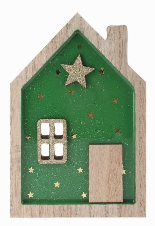 Domek dřevěný lesklý zelený 11,5 x 17 x 2 cm na postavení
